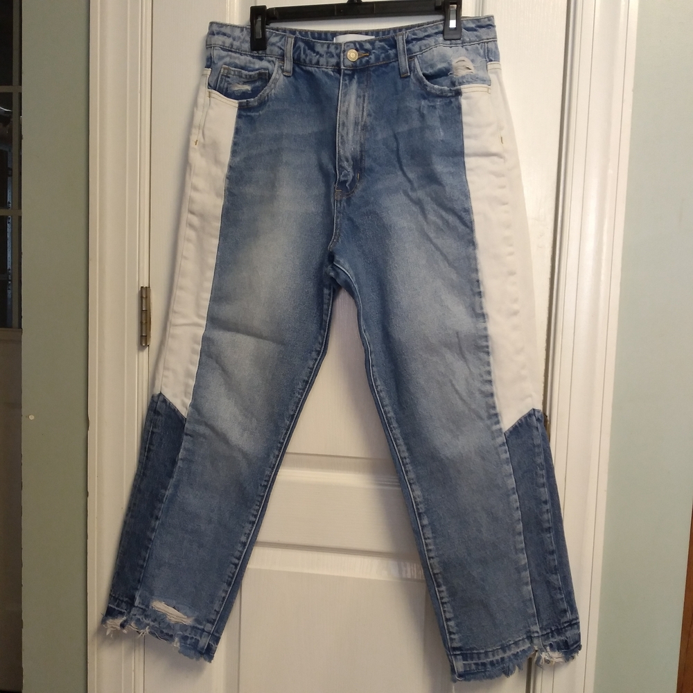 Two-Tone Blue and White Women's Straight Leg Jeans 100% Cotton Patchwork